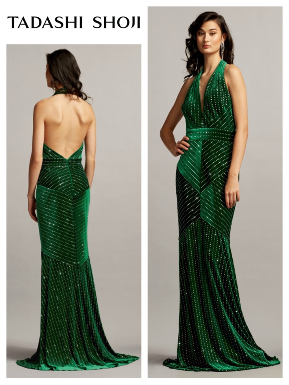 TADASHI SHOJI Reinie Diamanté Plunge Halter Gown